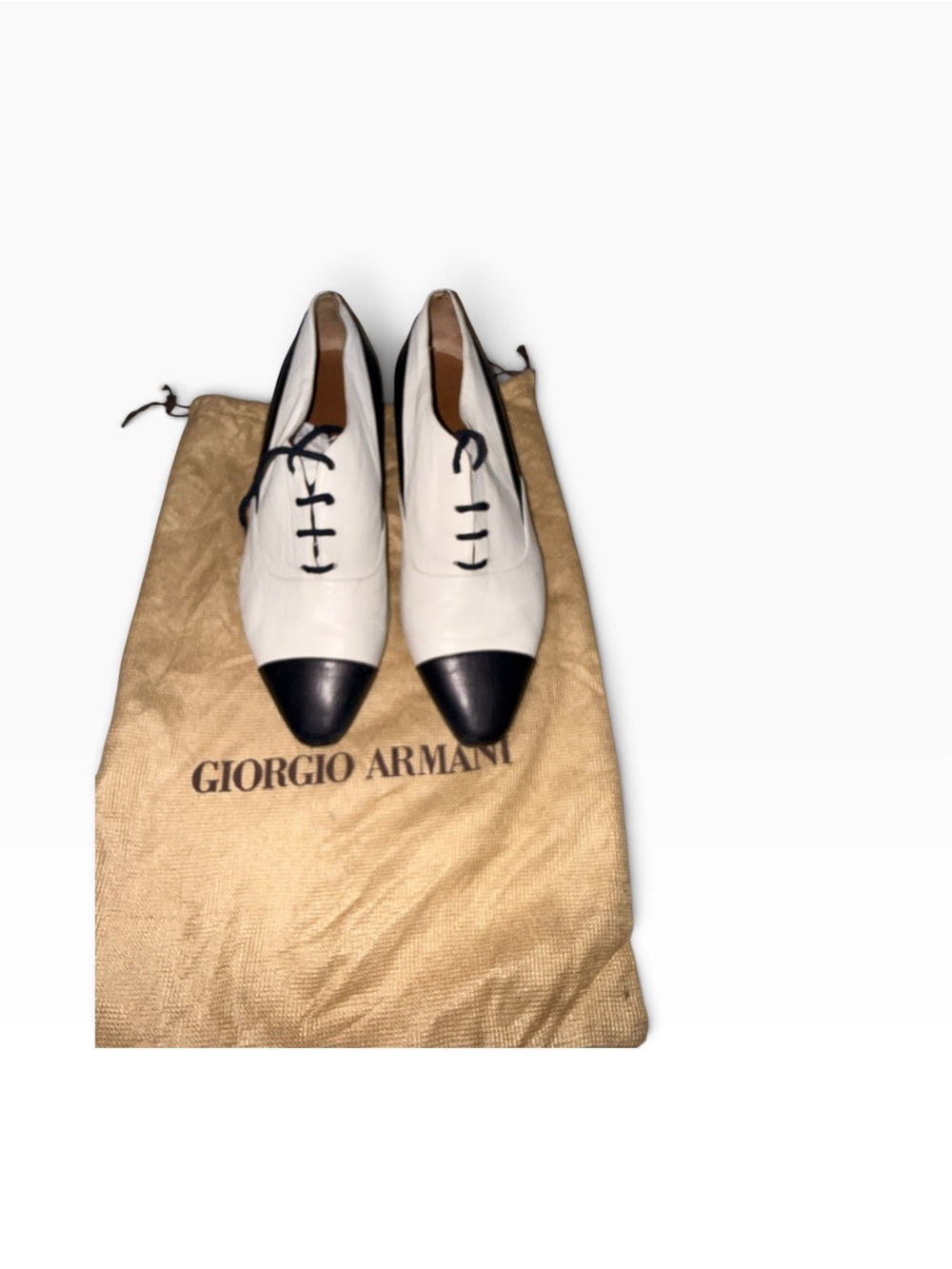 Giorgio Armani Women’s Vintage White Leather Lace-Up Oxfords with Black Cap Toe